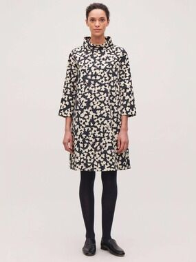 COS Poplin Day Dress Size 6 Cream Navy Abstract Print